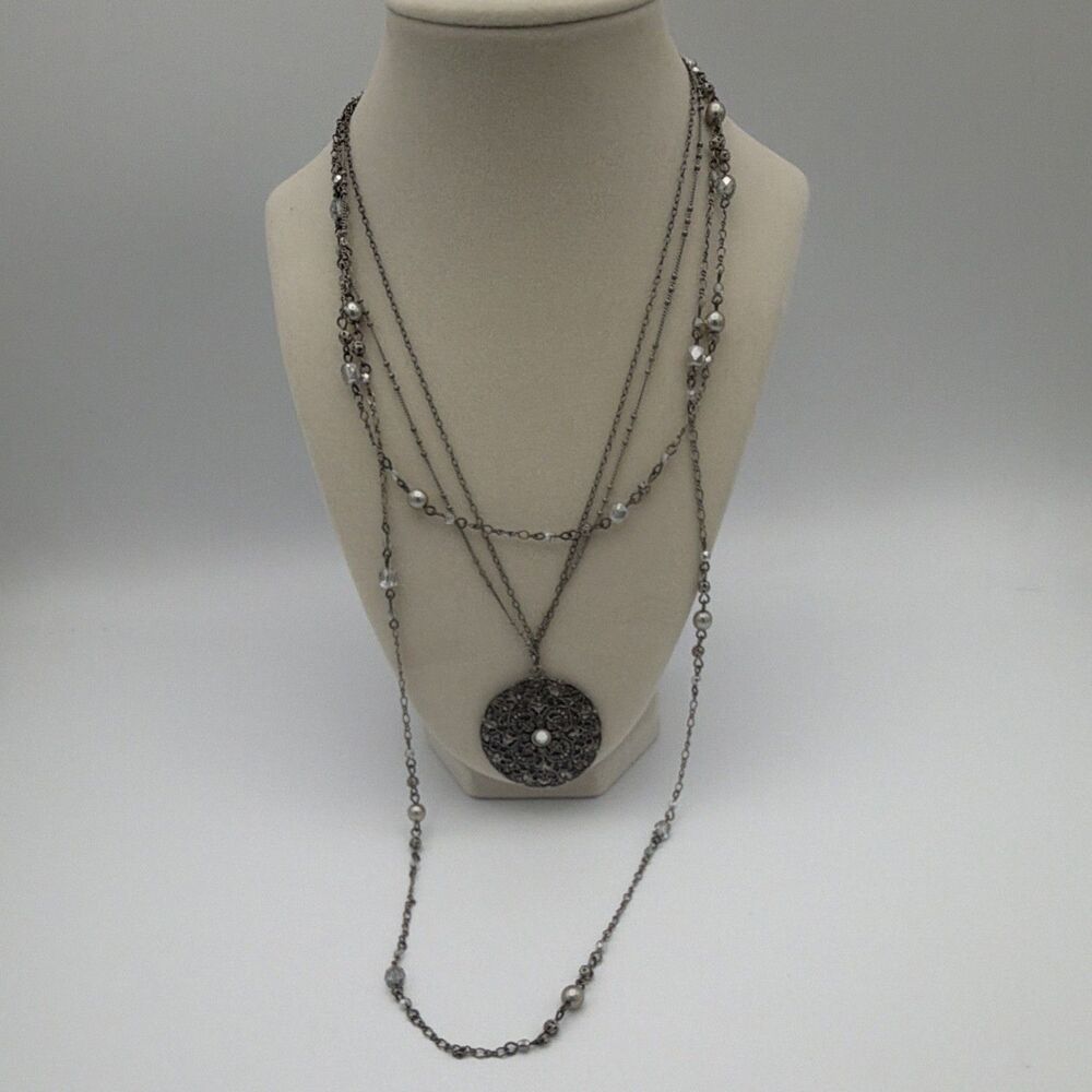 White House Black Market Silver Tone Layered Crystal Floral Medallion 30+2.5”